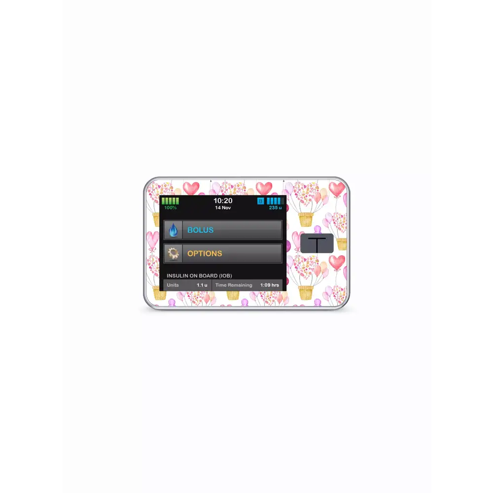 Valentine-themed waterproof laminated Tandem t:slim insulin pump sticker with heart and balloon design