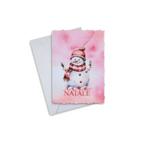Elegant Christmas greeting card featuring a festive snowman design with “Buon Natale” text, set on high-quality canvas, includes an envelope.