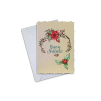 Elegant Christmas greeting card with festive design, featuring "Buon Natale" text and holiday floral artwork, includes envelope.
