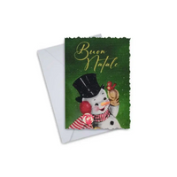 Elegant Christmas greeting card featuring a snowman with "Buon Natale" text.