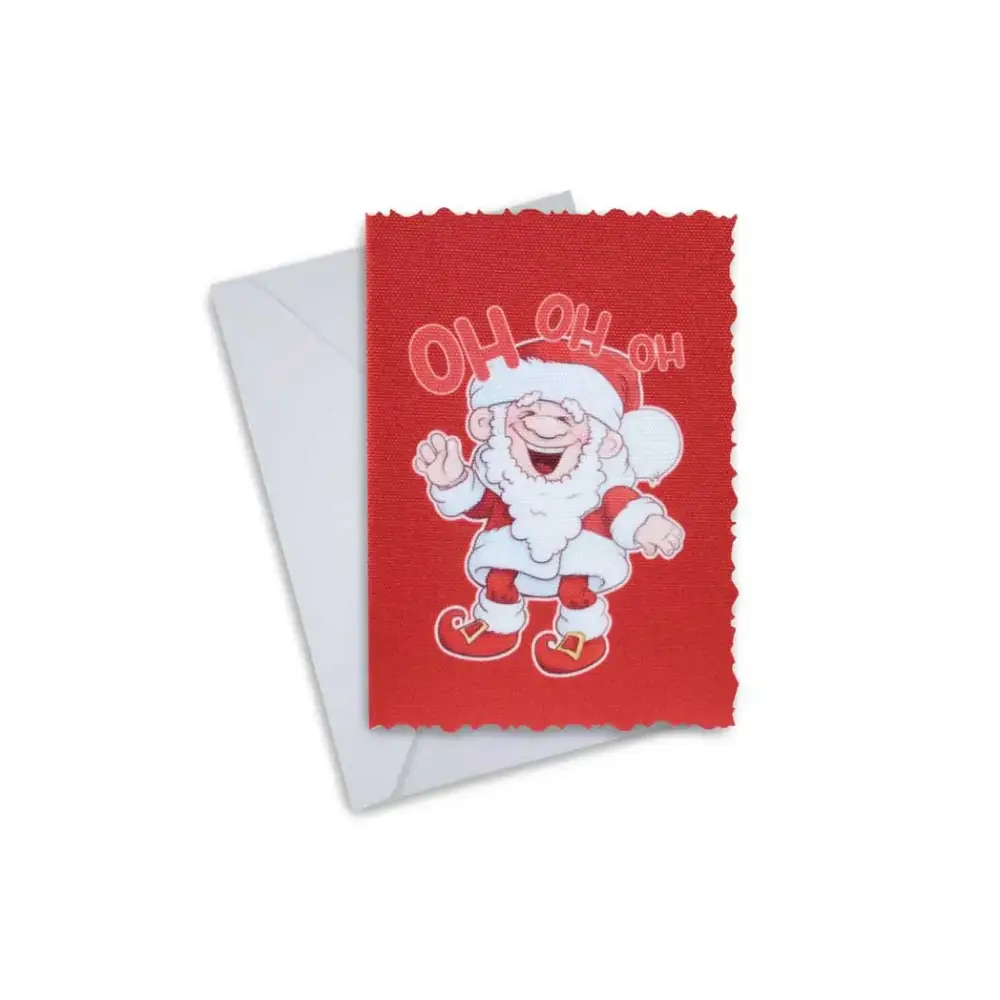 Christmas greeting card featuring Santa Claus design with "Oh Oh Oh" text, paired with an envelope.