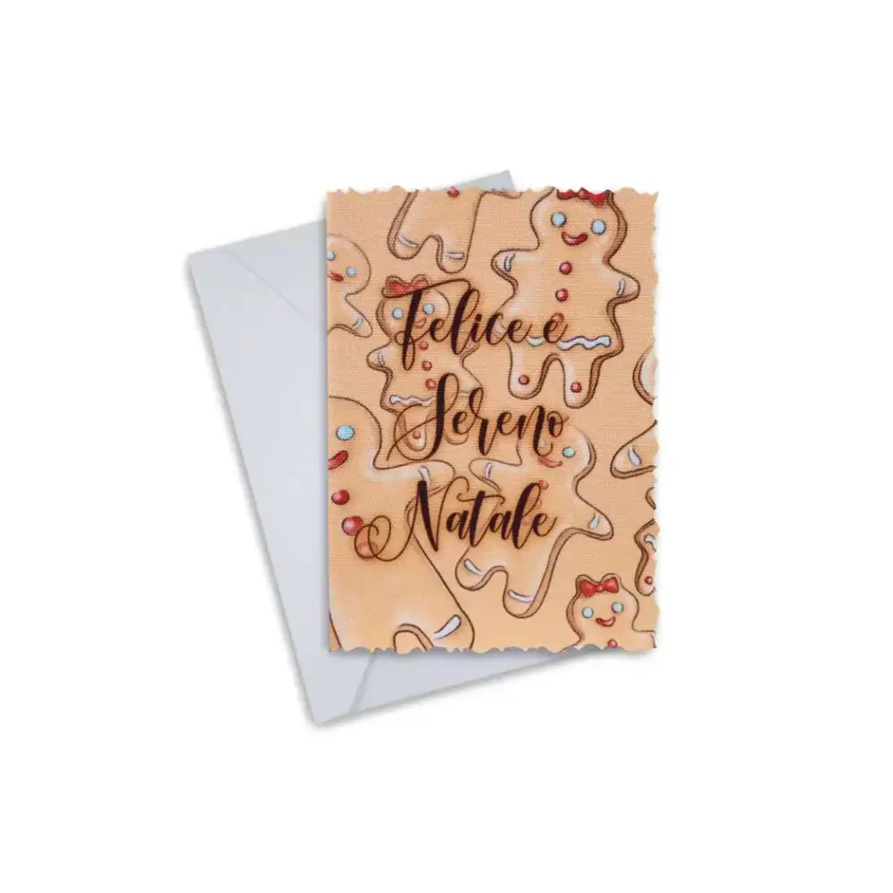 Elegant Christmas Greeting Card with gingerbread design and envelope.