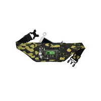 Camouflage double pocket insulin pump belt for children, with front window and adjustable strap.