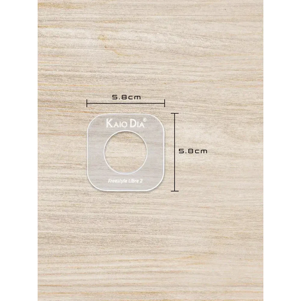 CGM Sensor Patch Template on wood surface displaying dimensions.