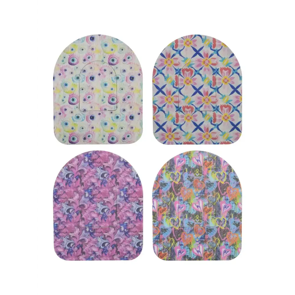 Omnipod pod adhesive patches, Spring Series, 4 designs side by side
