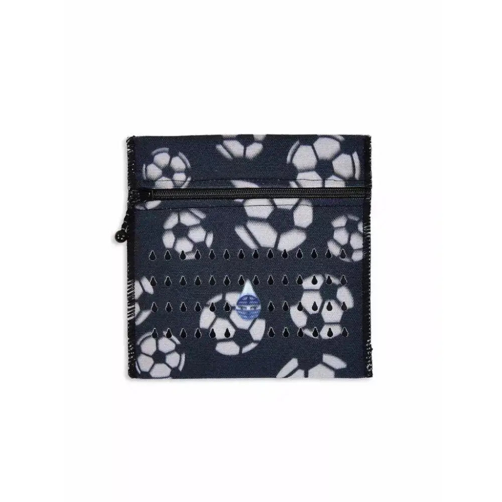 Insulin cooling wallet for kids with soccer design, holds 3 vials or eye drops, maintains temperature for 48 hours without electricity.