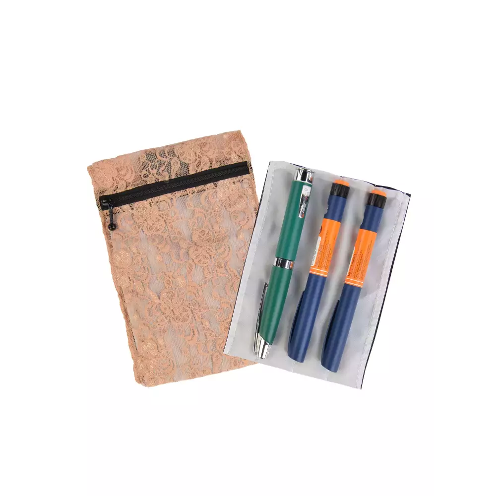 Insulin cooling wallet in lace design, fits 3 insulin pens or 5 vials.