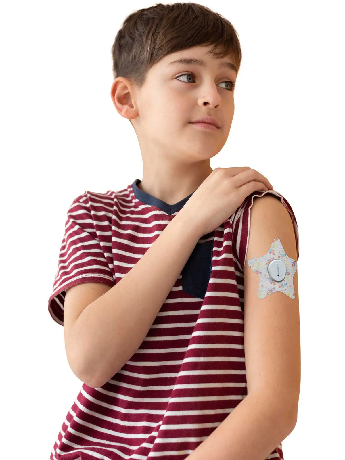 Dexcom G7 adhesive patch for kids, star shape, worn by a boy