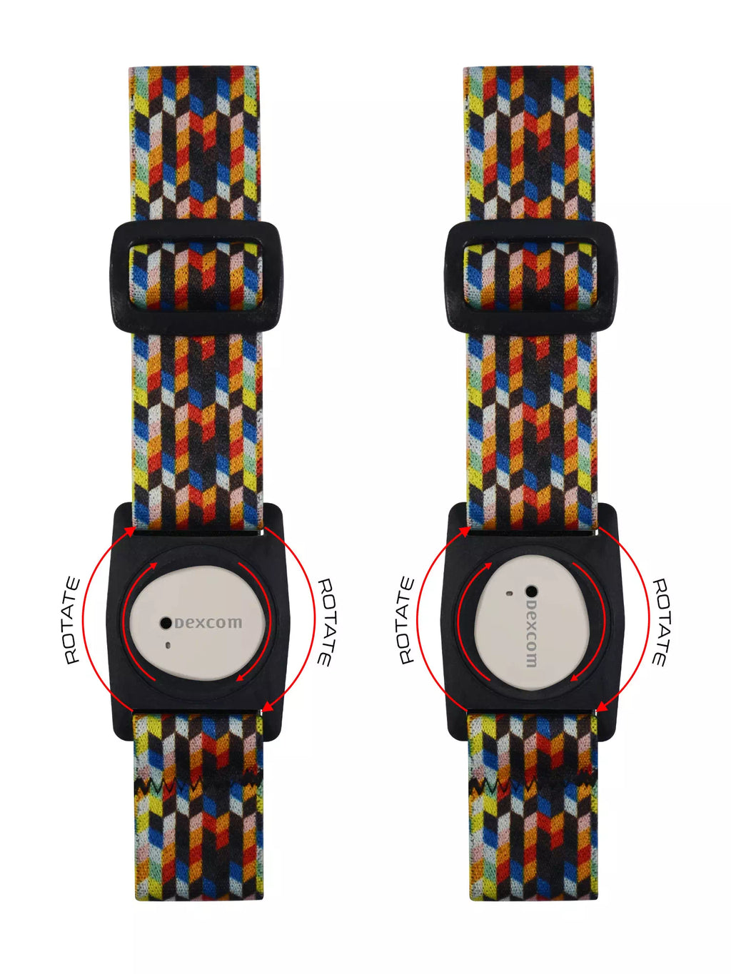 Colorful Dexcom G7 armband with rotating clip for secure sensor fit and stylish design.