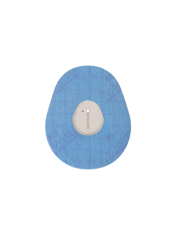 Dexcom G7 drop shape patch in blue solid color, breathable adhesive patch to help support sensor wear