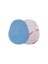 Dexcom G7 drop shape patch front and back view, showing printed fabric and adhesive side for sensor support