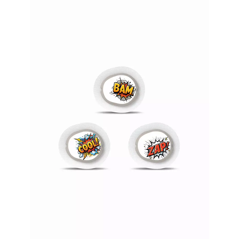 Dexcom G7 Stickers in Fun Vibes BAM! comic design. Add comic-inspired fun to your CGM sensor. 3 stickers per pack. Non-removable.