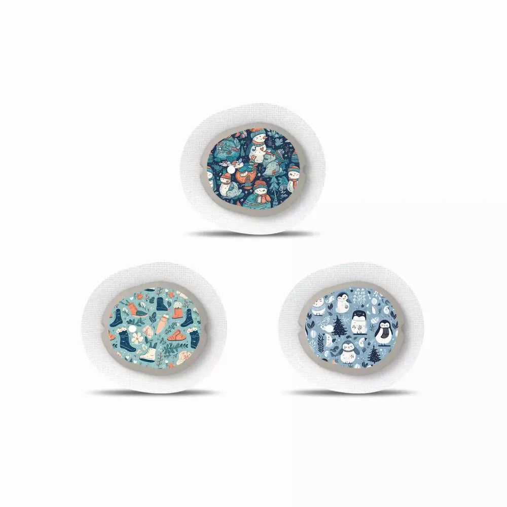 Winter-themed Dexcom G7 sensor stickers with festive designs.