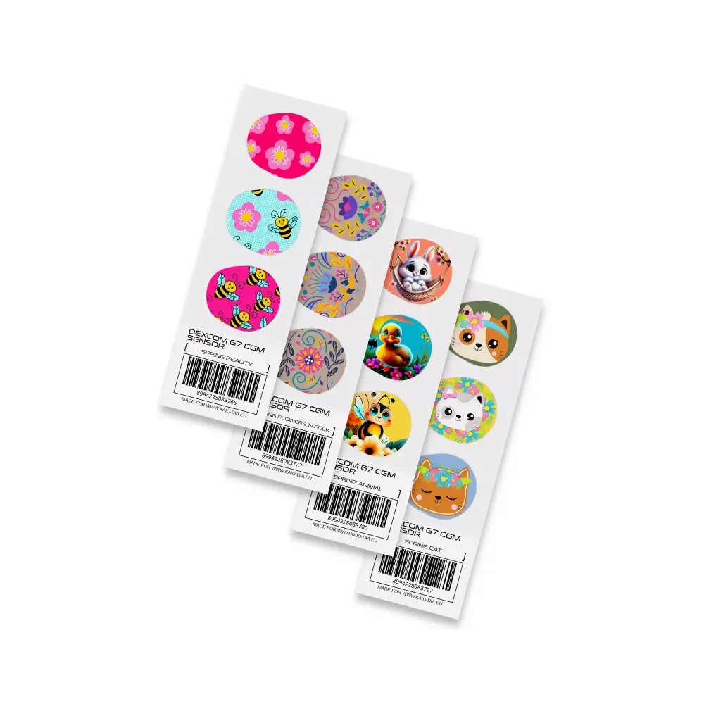 Vibrant Dexcom G7 Sensor Stickers, Spring Edition 2024, featuring colorful designs for CGM protection and style.