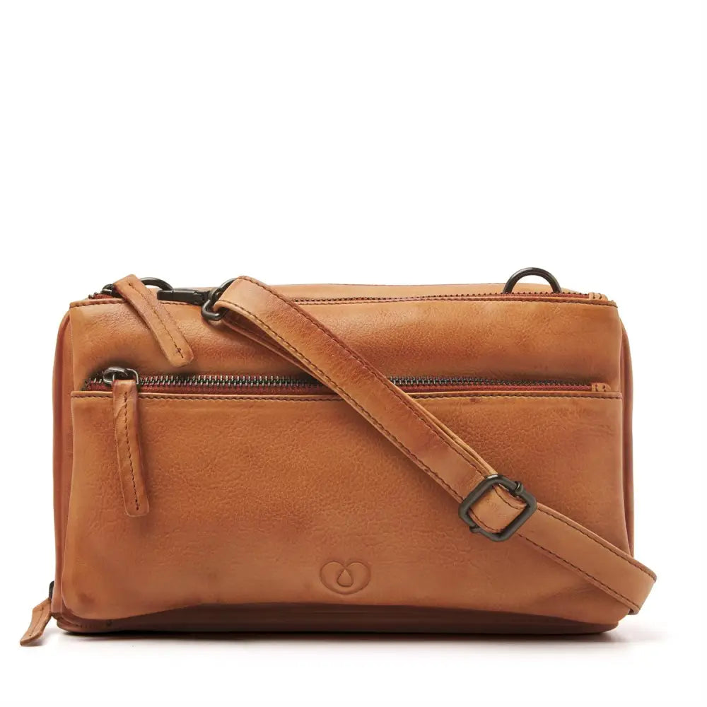 Camel Leather Diabetic Supplies Shoulder Bag - MARLY front view