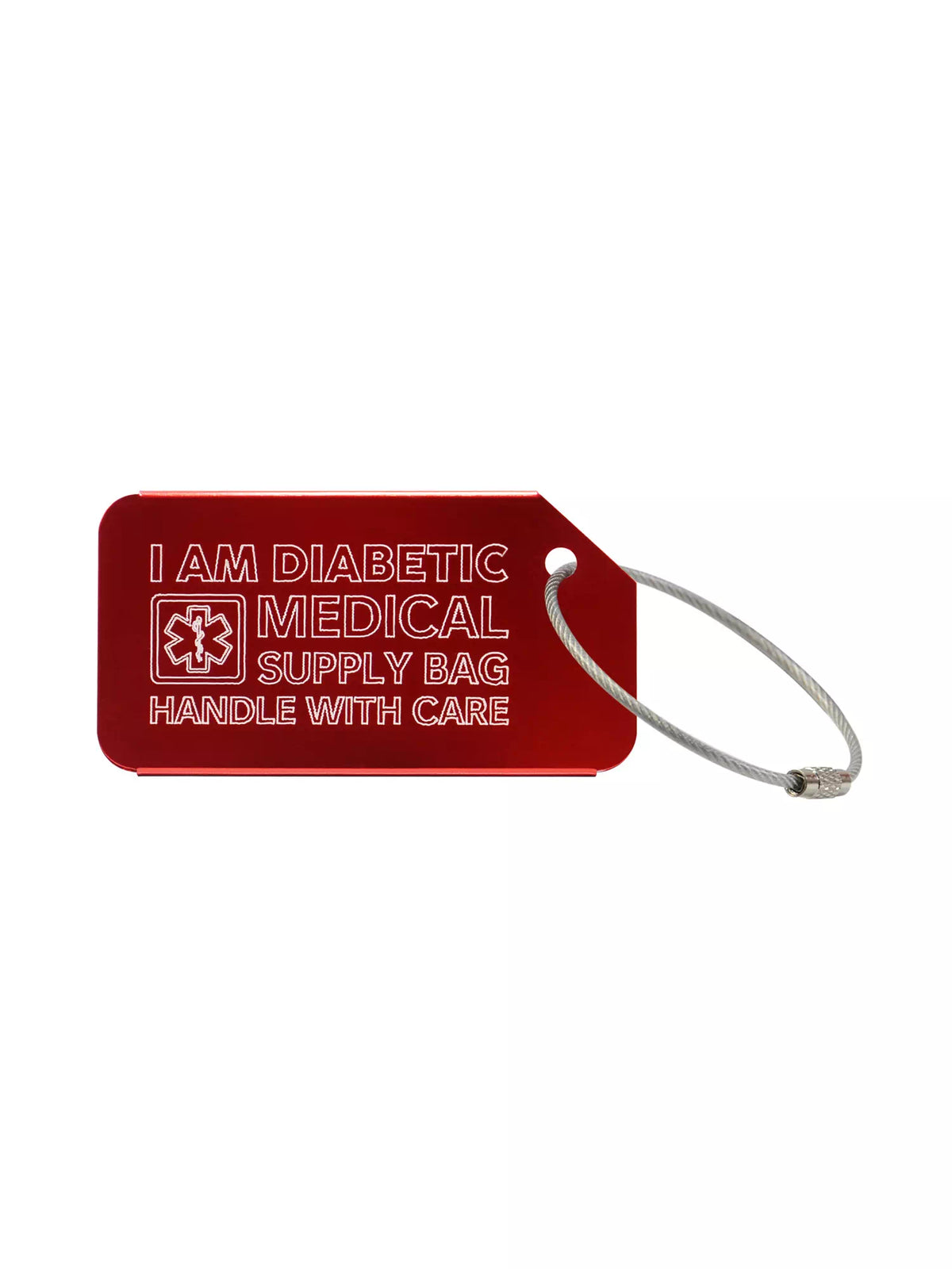 Red luggage tag with the text 'I Am Diabetic Medical Supply Bag Handle With Care' engraved.