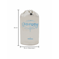 Kaio-Dia Diaversary Small Bucket Bag with dimensions 31 cm height by 15 cm diameter, eco-friendly cotton with 'Happy Diaversary' design.