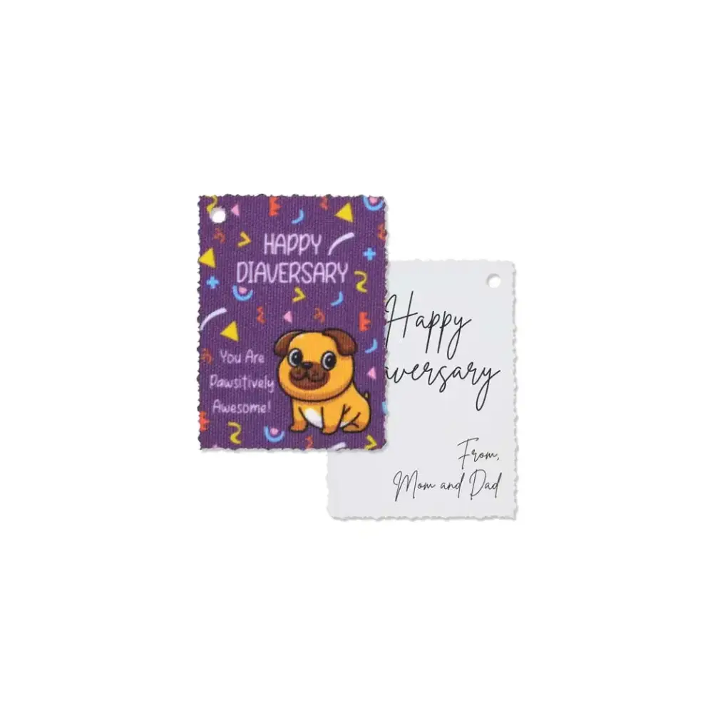 Diaversary Gift Tags on canvas with vibrant design and cheerful pug illustration, perfect for celebrating diabetes milestones.