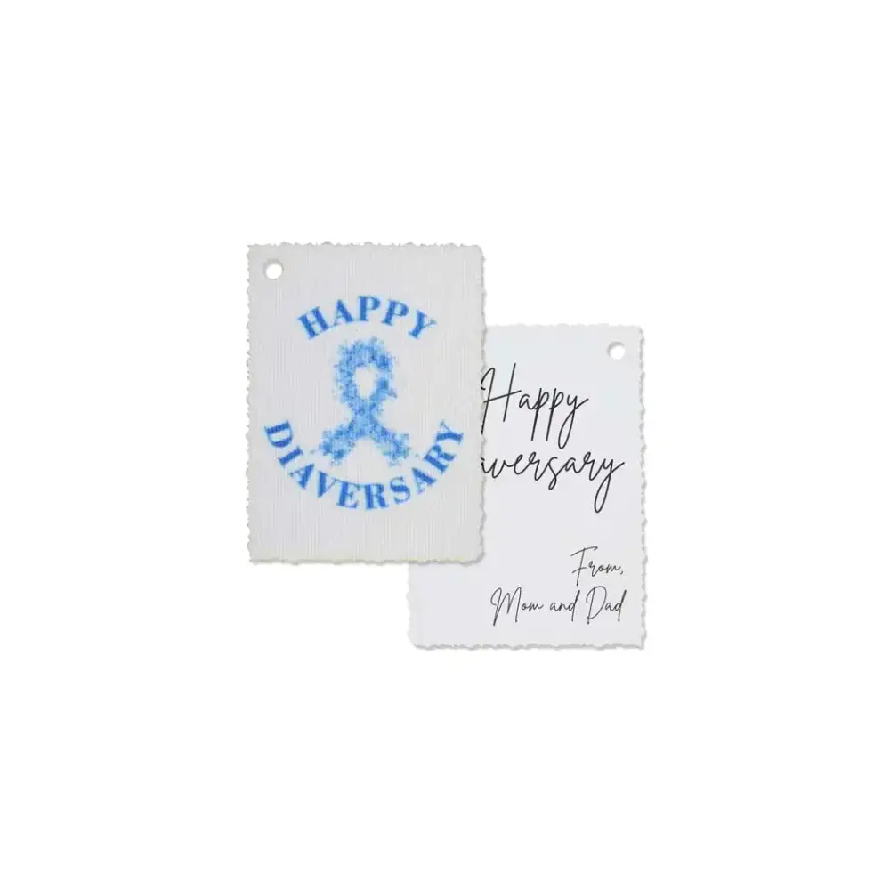 Diaversary gift tags with blue ribbon design and handwritten message.