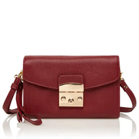 Red feminine leather shoulder bag for diabetics with gold-tone clasp and adjustable strap
