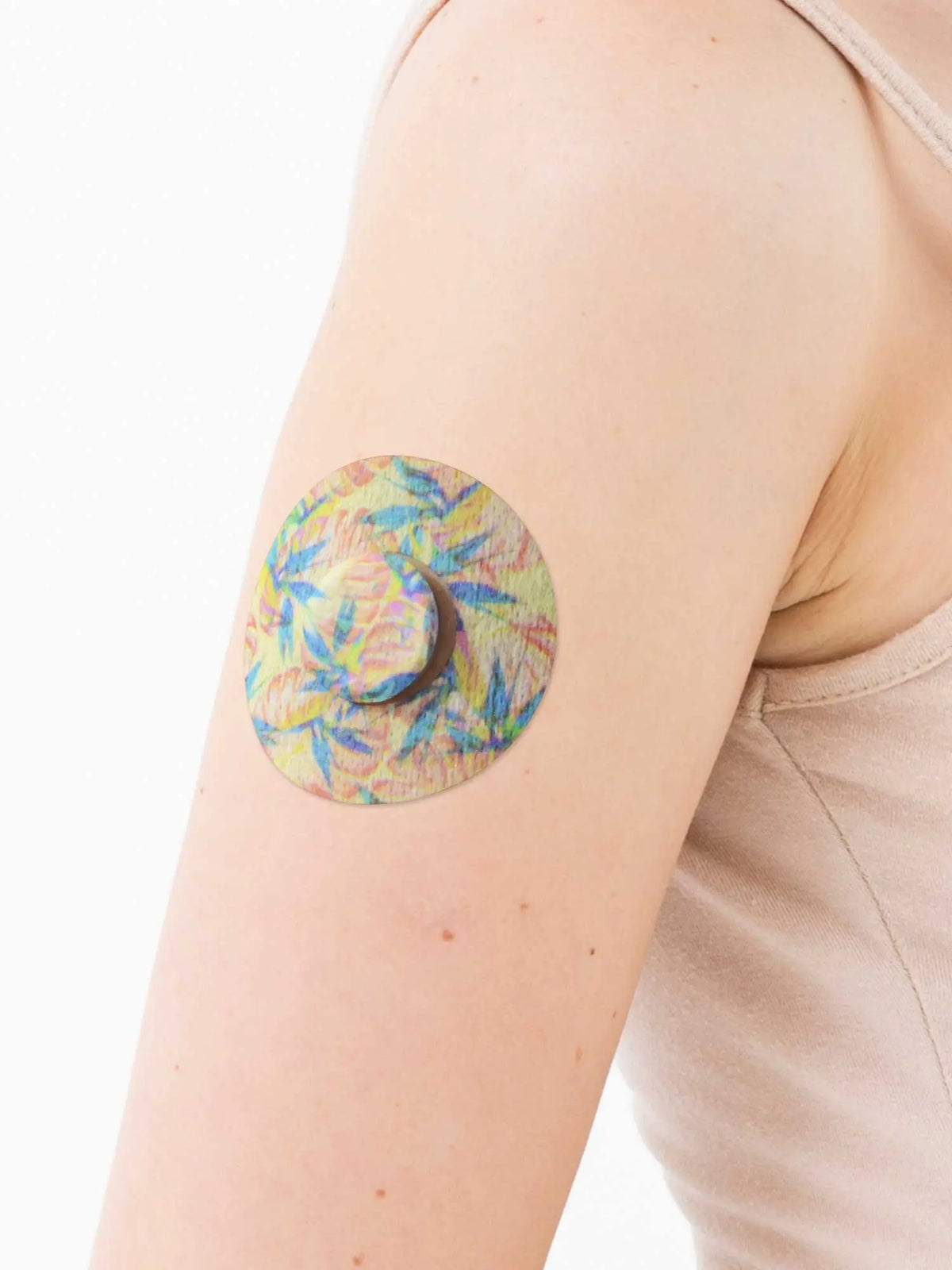freestyle libre 3 patch with tropical design worn on arm for secure sensor protection and stylish daily diabetes use