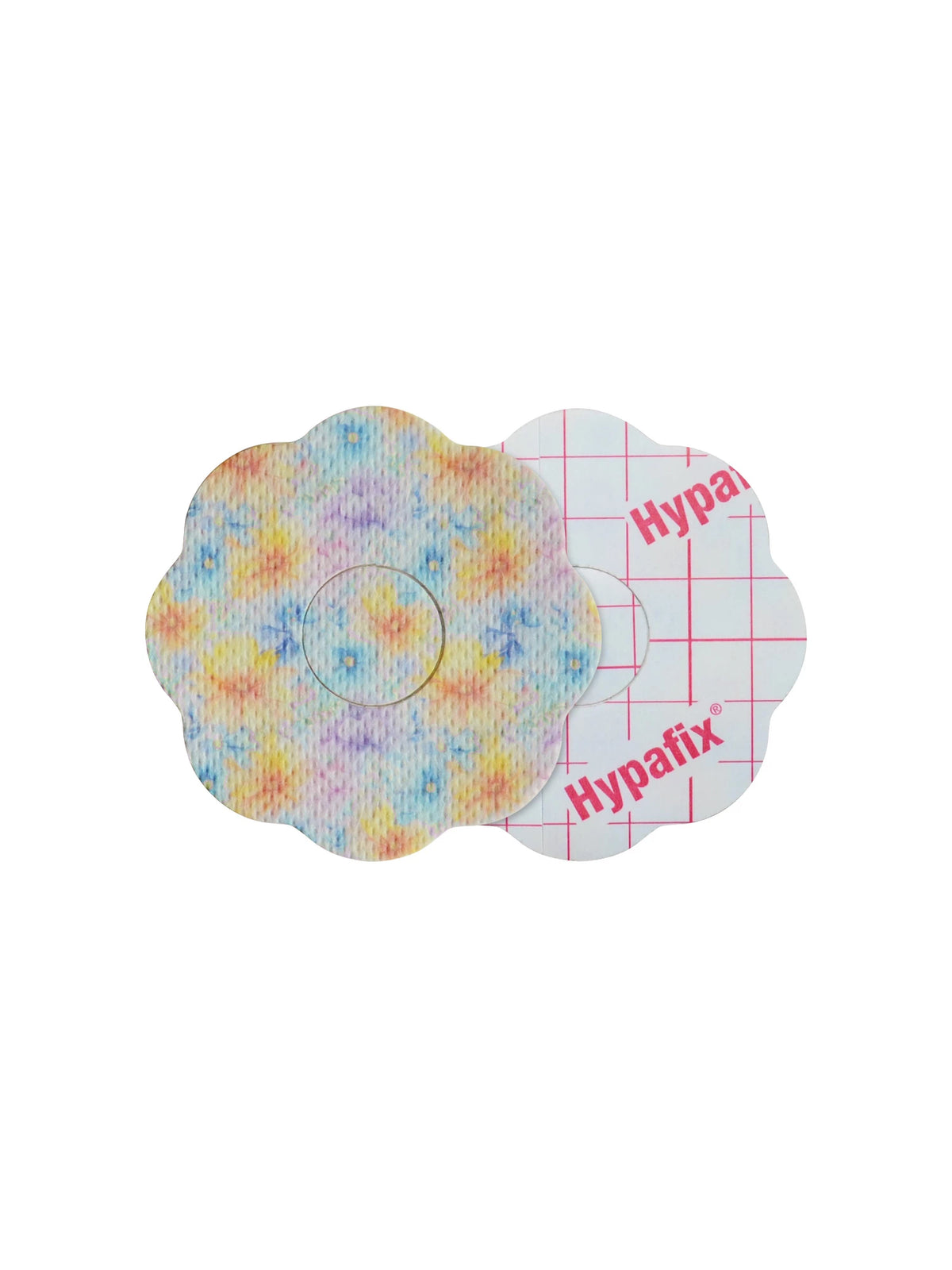 FreeStyle Libre 3 cookie shape patch front and back view, showing printed fabric and adhesive side for sensor support