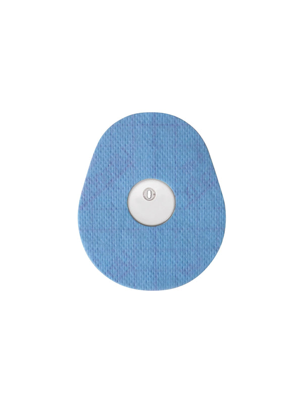 FreeStyle Libre 3 drop shape patch in blue solid color, breathable adhesive patch to help support sensor wear
