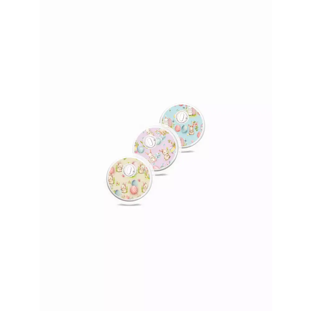 Three patterned circular Freestyle Libre stickers for blood glucose monitors, Easter Edition 2025