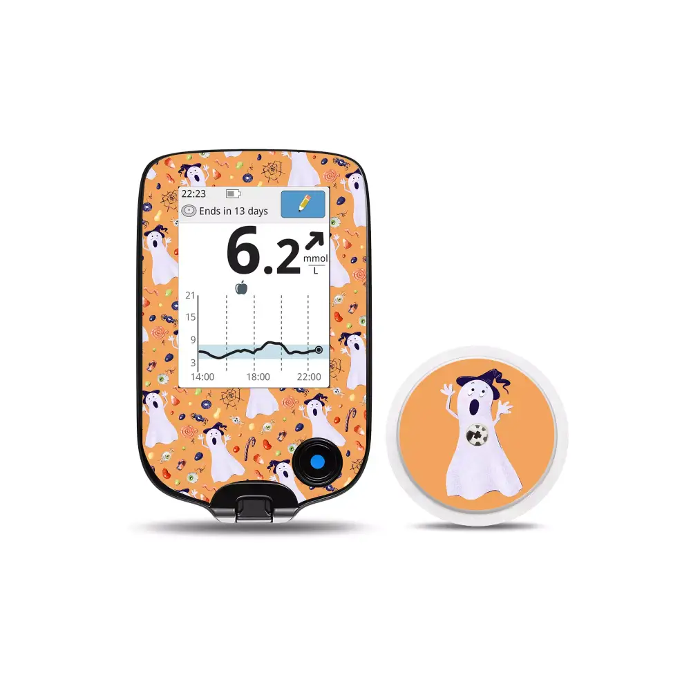 Freestyle Libre Reader and Sensor Stickers in Halloween designs with ghost motifs.