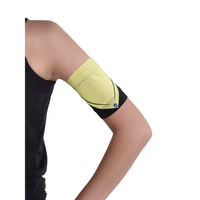 Yellow glucose monitor and insulin pump armband worn on upper arm with black and yellow design for active diabetes management