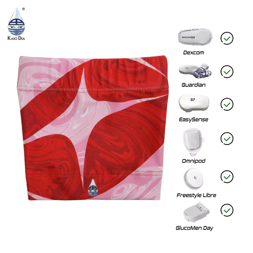 Red and pink patterned Glucose Monitor and Insulin Pump Armband compatible with multiple devices including Dexcom, Guardian, EasySense, Omnipod, Freestyle Libre, and GlucoMen Day.