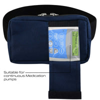 Black horizontal infusion pump bag with adjustable waist belt and clear display window for therapy pumps