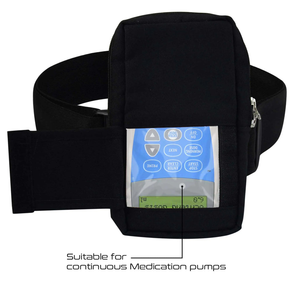 Black vertical infusion pump bag with adjustable waist belt and transparent window for portable pumps