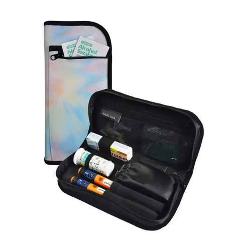 Diabetic travel case with insulin pen and glucose meter storage in summer vibes design.