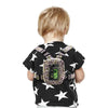 Child wearing Dia-Harness insulin pump with window, adjustable straps, and secure back pocket.