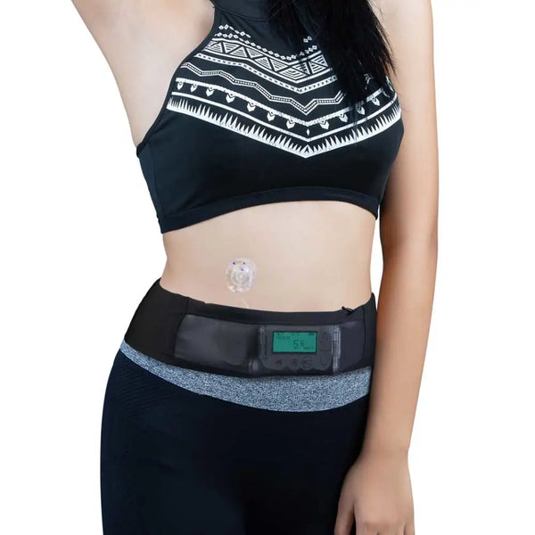 Insulin pump waist belt with mesh window for easy monitoring and control.