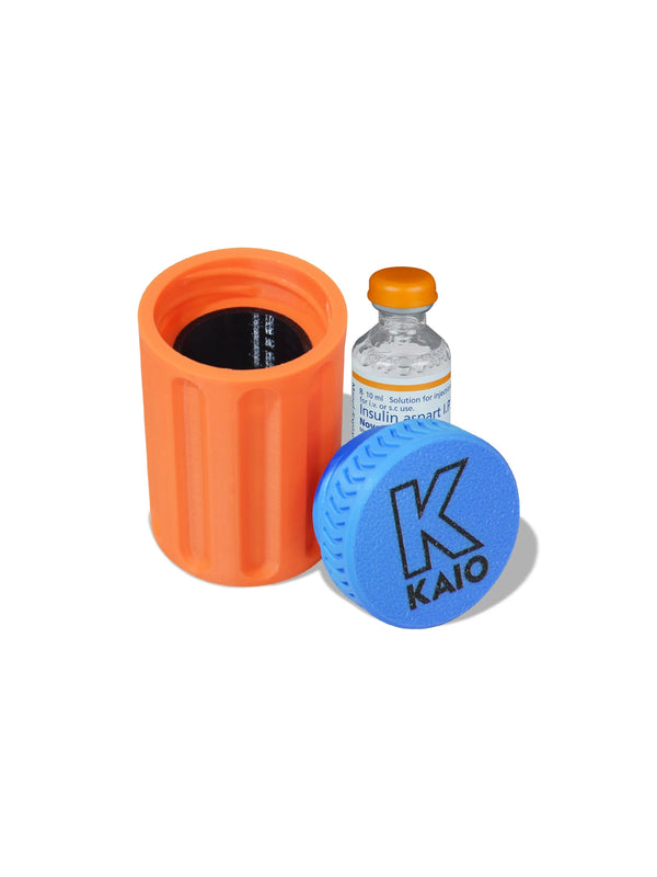 Kaio insulin vial protector with orange body and blue cap for standard 10ml insulin vial protection