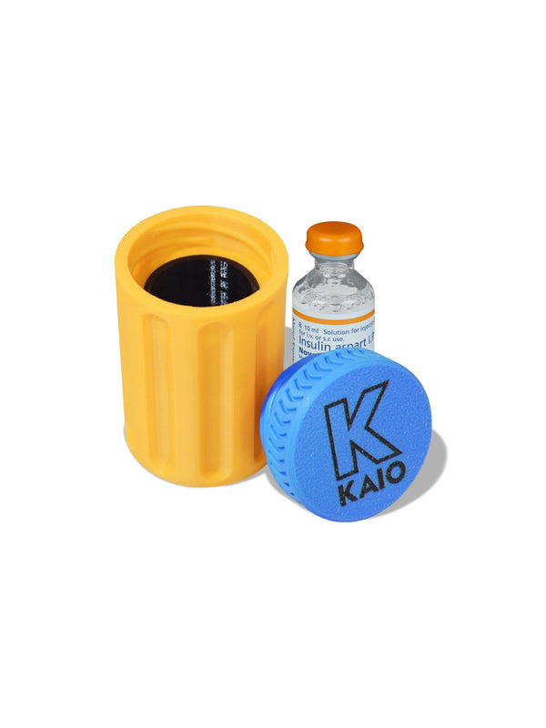 Kaio insulin vial protector with yellow body and blue cap for standard 10ml insulin vial protection