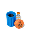 Kaio insulin vial protector with blue body and orange cap for safe daily insulin vial storage