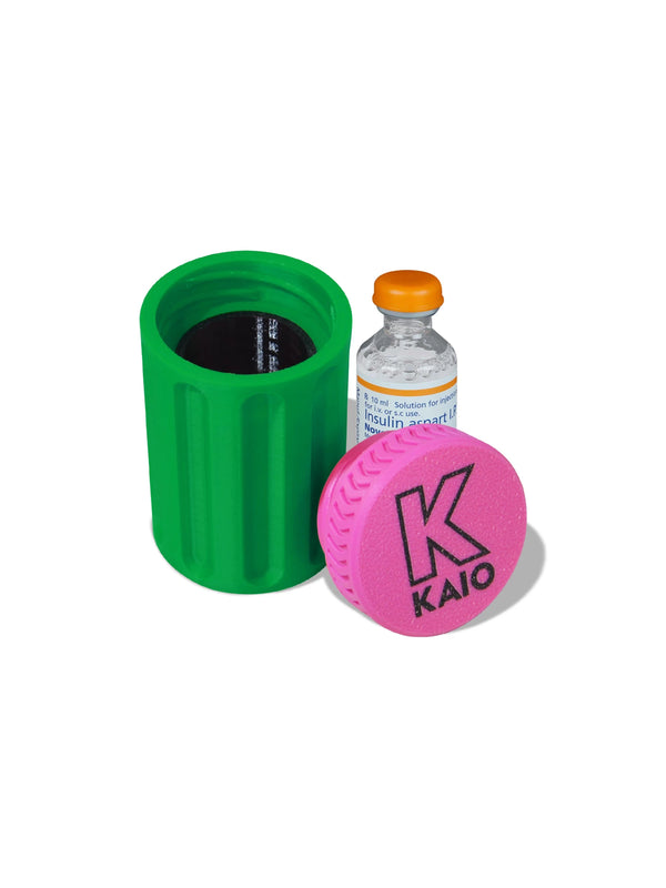 Kaio insulin vial protector with green body and pink cap for safe daily insulin vial storage