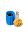 Kaio insulin vial protector with blue body and yellow cap for safe daily insulin vial storage
