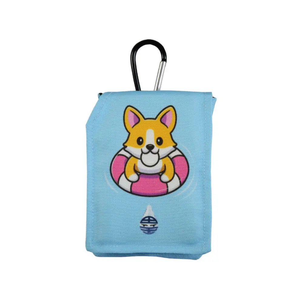 Insulin pump pouch for kids with cooling system and corgi design.