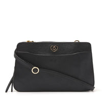 Elegant black leather diabetic supplies shoulder bag with adjustable strap, designed for stylish organization and easy access to medical essentials.
