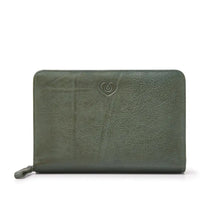 Stylish green leather diabetic travel case with zip closure and embossed heart design.