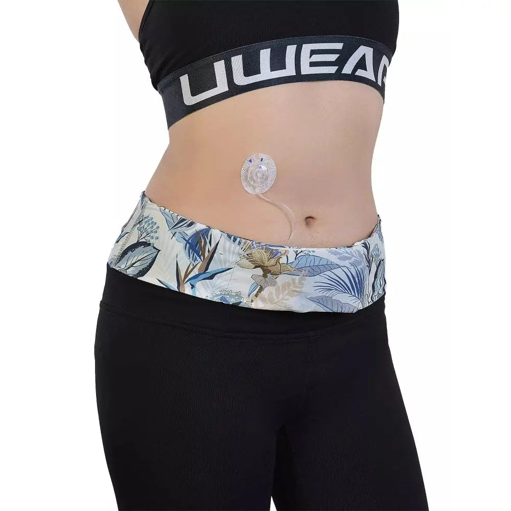 Lightweight insulin pump waist belt with floral prints for secure fit and comfort.