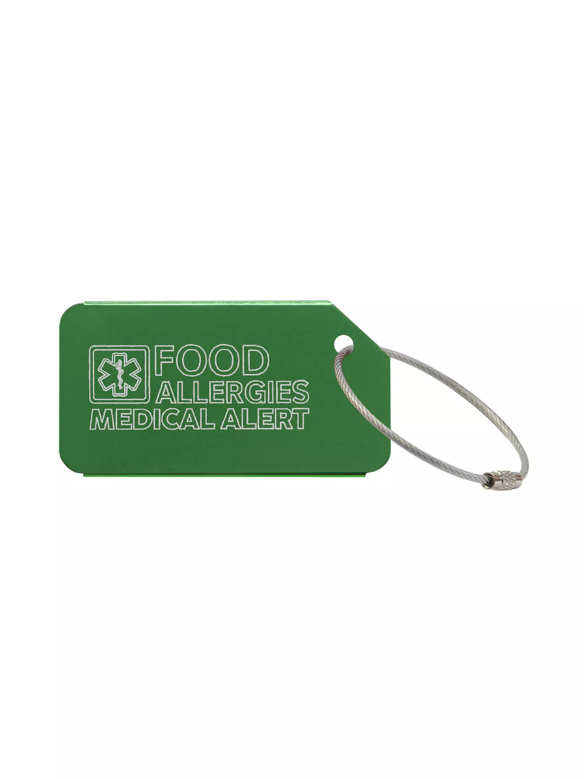 Green medical luggage tag with the text 'Food Allergies Medical Alert' engraved.