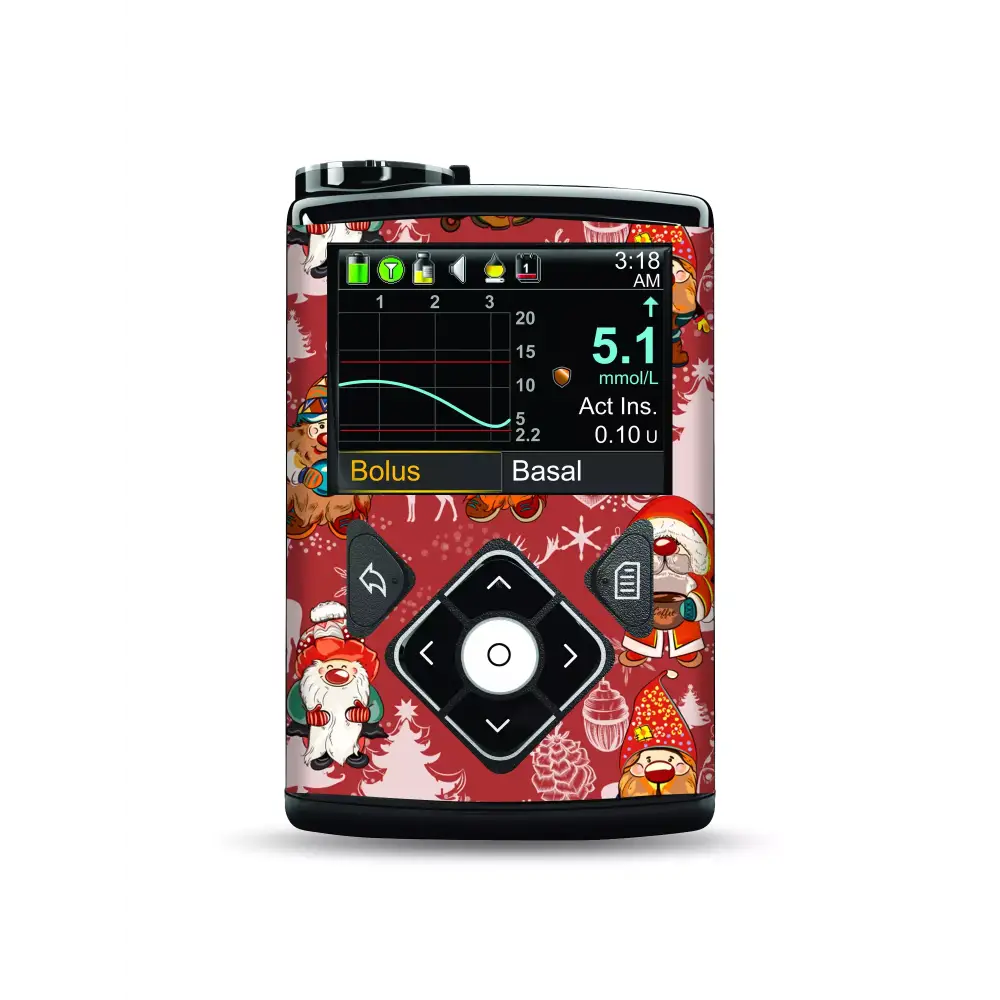 Medtronic MiniMed pump with Christmas-themed stickers displaying medical data