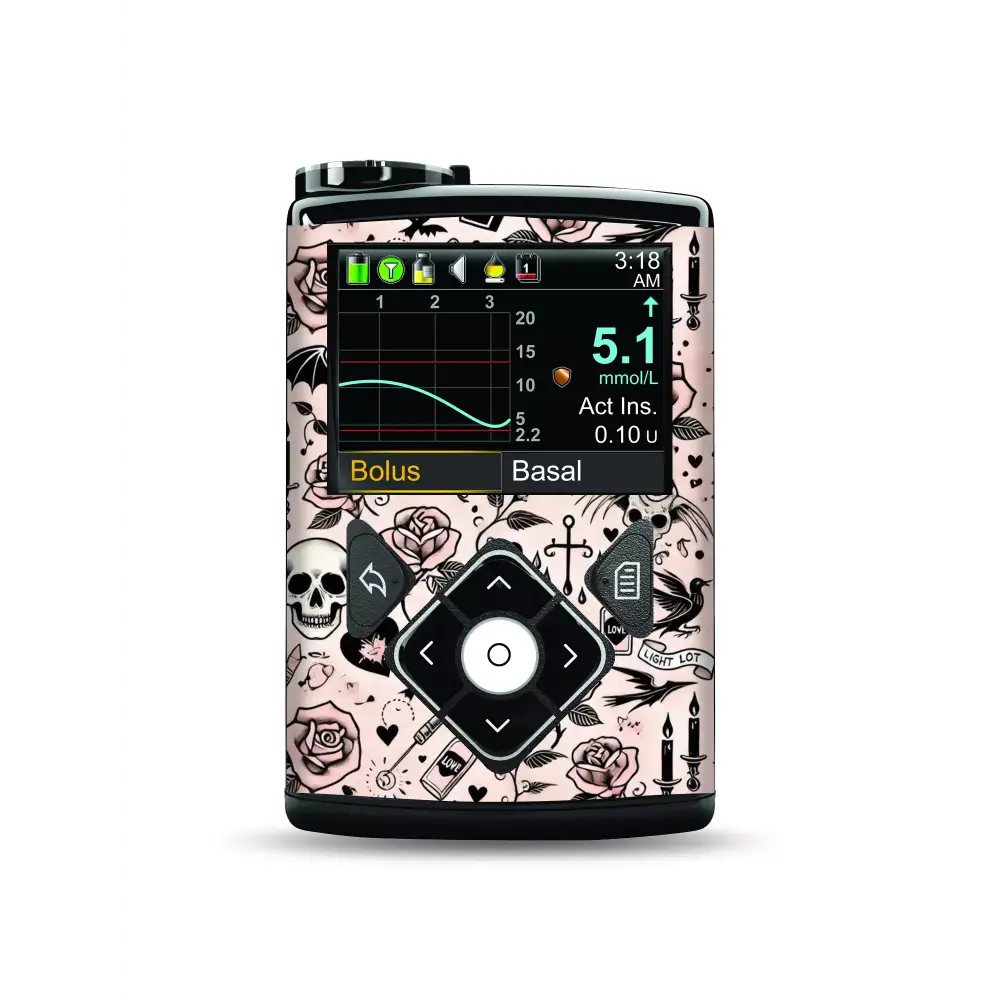 Medtronic MiniMed insulin pump with Gothic Valentine sticker design.