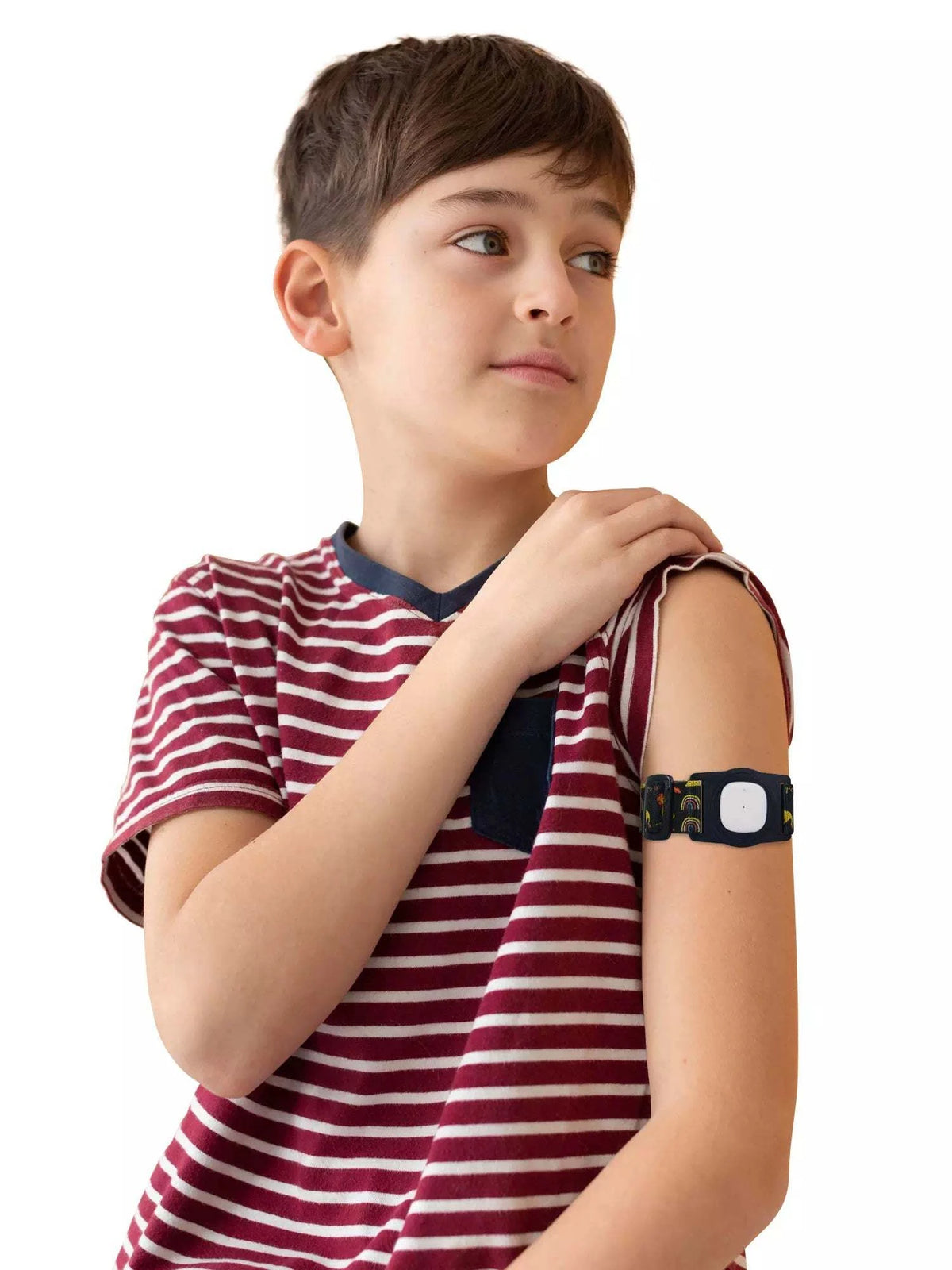 Child wearing Simplera Sync Armband with Rotating Clip for Medtronic Simplera sensor, showcasing secure fit and playful design.