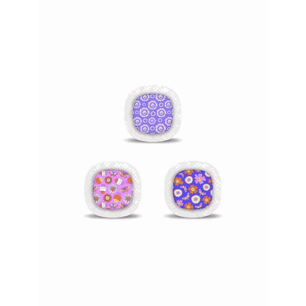 Medtronic Simplera CGM Stickers Spring Edition 2025 featuring vibrant floral designs in purple, pink, and orange tones.